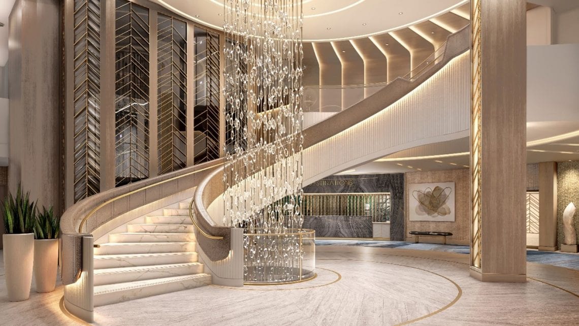 Le Grand Escalier à bord du Vista, élément emblématique de la compagnie Oceania Cruises